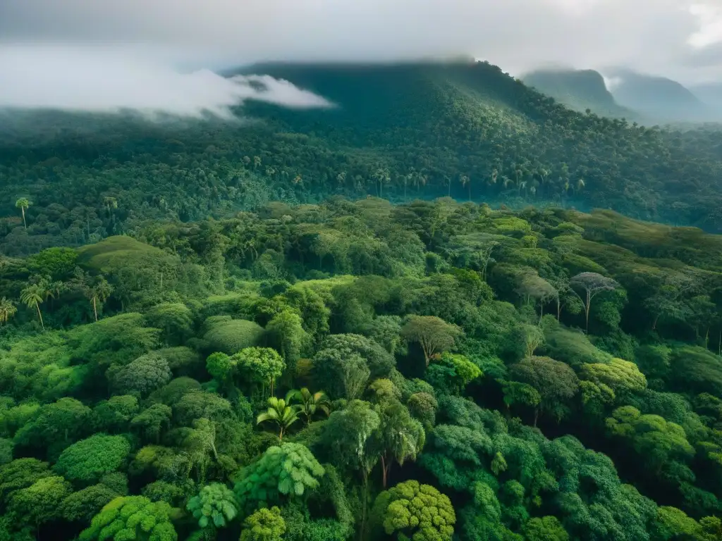 Armonía en la selva: vida indígena entre luces y sombras Un bosque tropical exuberante con rayos de sol atravesando la densa vegetación, resaltando la diversa flora