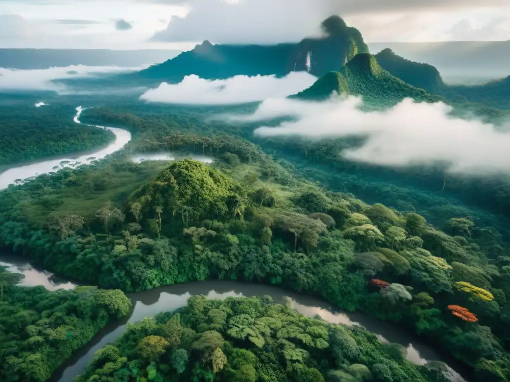 Un bosque tropical exuberante con un río serpenteando entre la densa vegetación, mostrando la red de vida en territorios indígenas