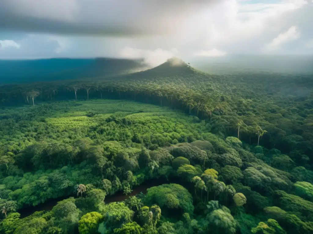 Un bosque tropical exuberante con ríos serpenteantes y comunidad indígena en armonía