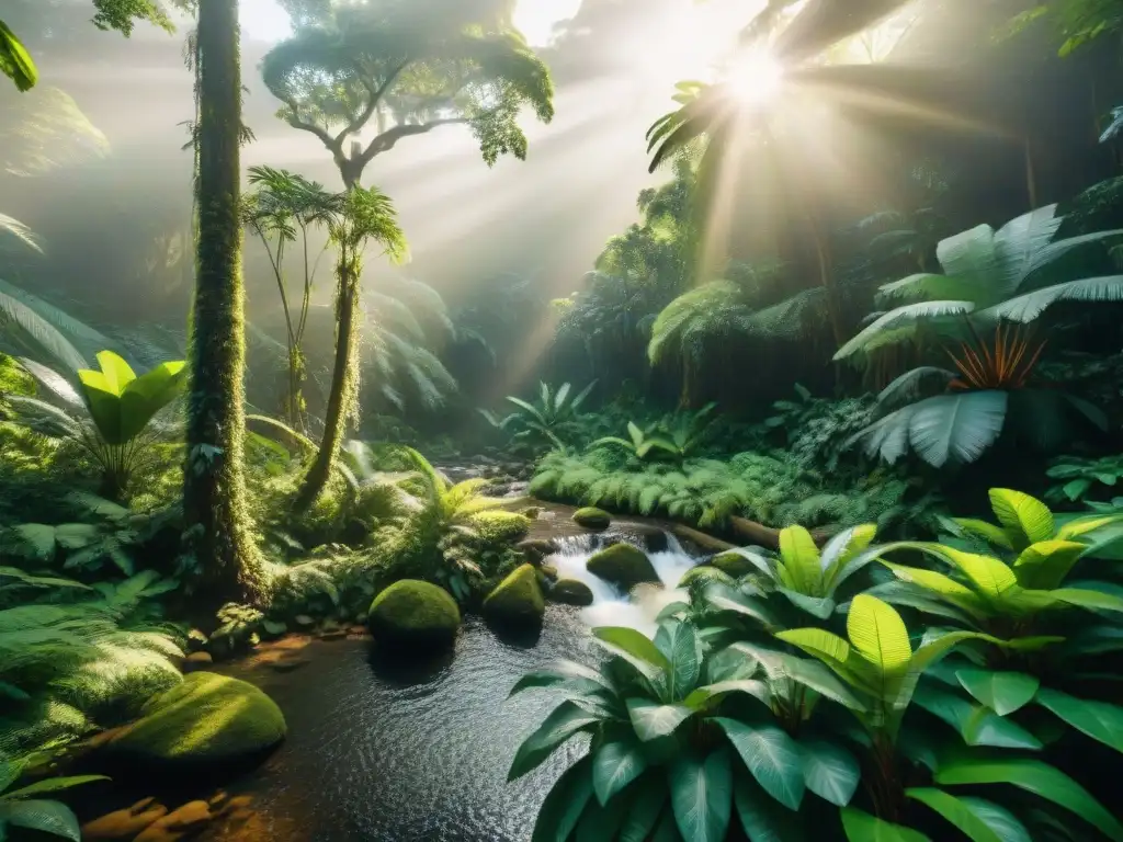 Un bosque tropical exuberante con vida en armonía, reflejando la Filosofía Indígena Pensamiento Ecológico