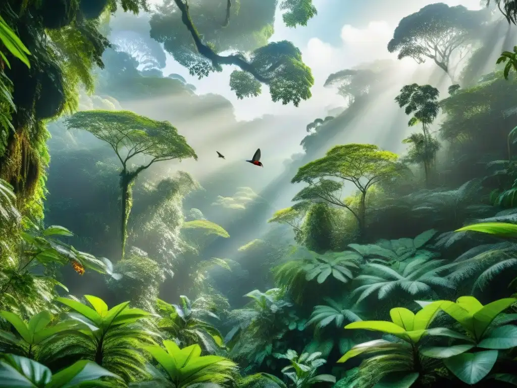 Un bosque tropical exuberante con vida silvestre vibrante bajo la luz del sol