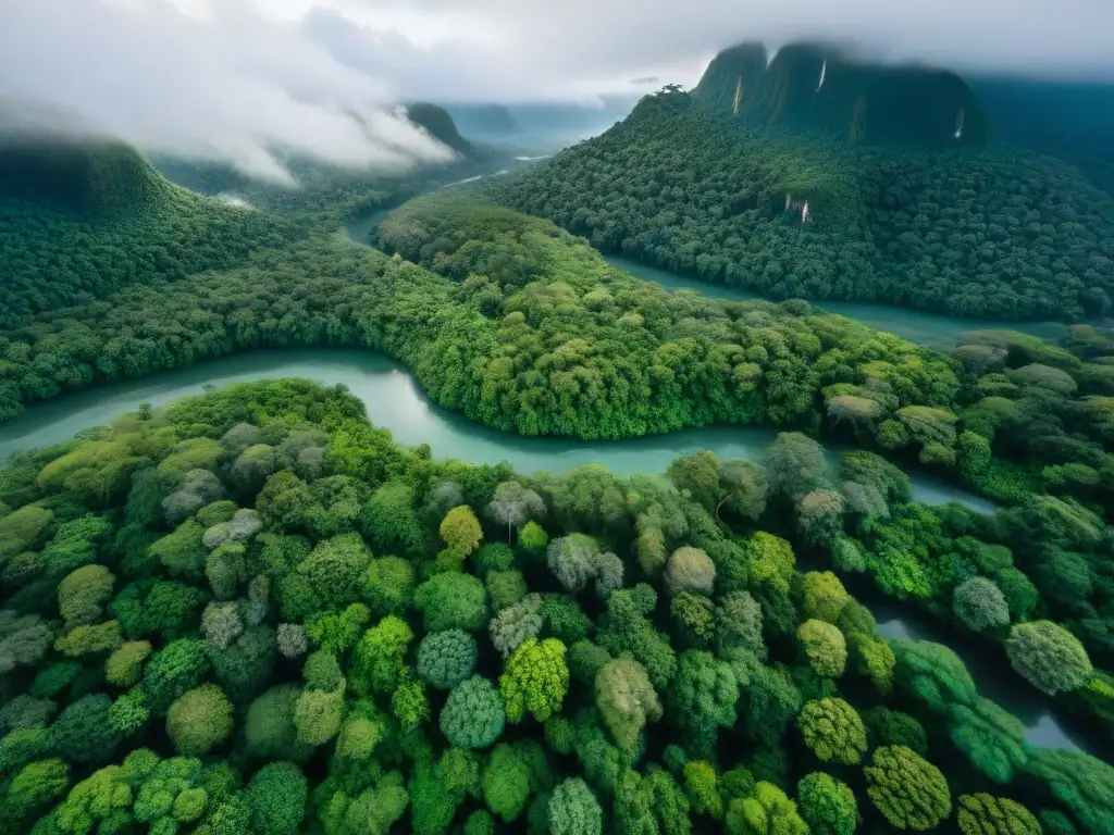 Un bosque tropical exuberante visto desde un dron, destaca la diversidad y la tecnología drone en prácticas indígenas