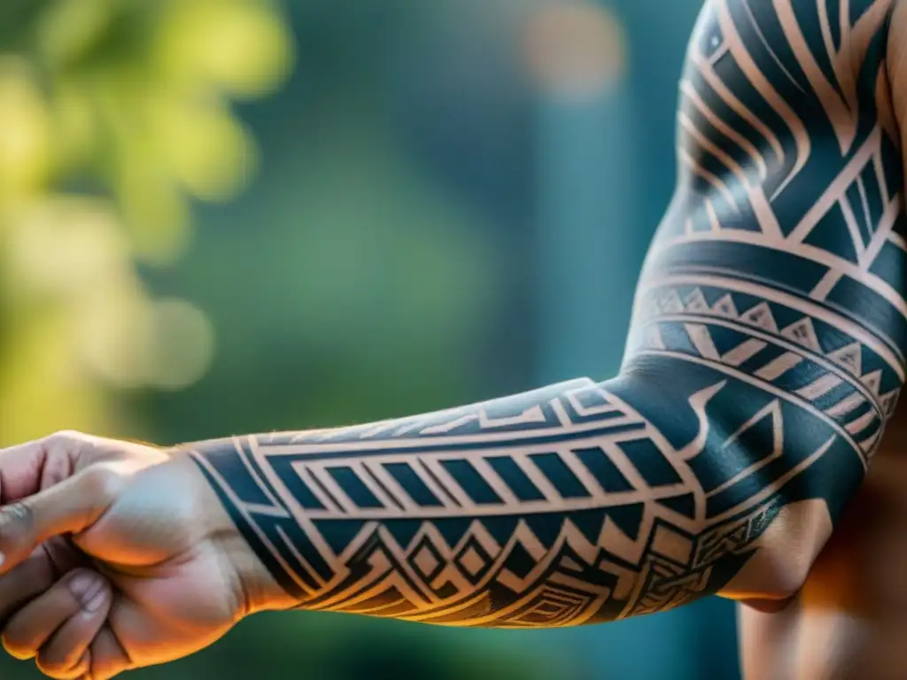 Un brazo con tatuajes tribales indígenas detallados, llenos de historia y espiritualidad