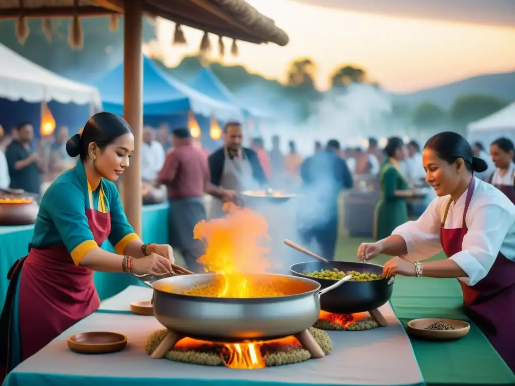 Brillante festival gastronómico indígena, chefs preparando platos coloridos, aromas de especias, música tradicional en un atardecer cálido