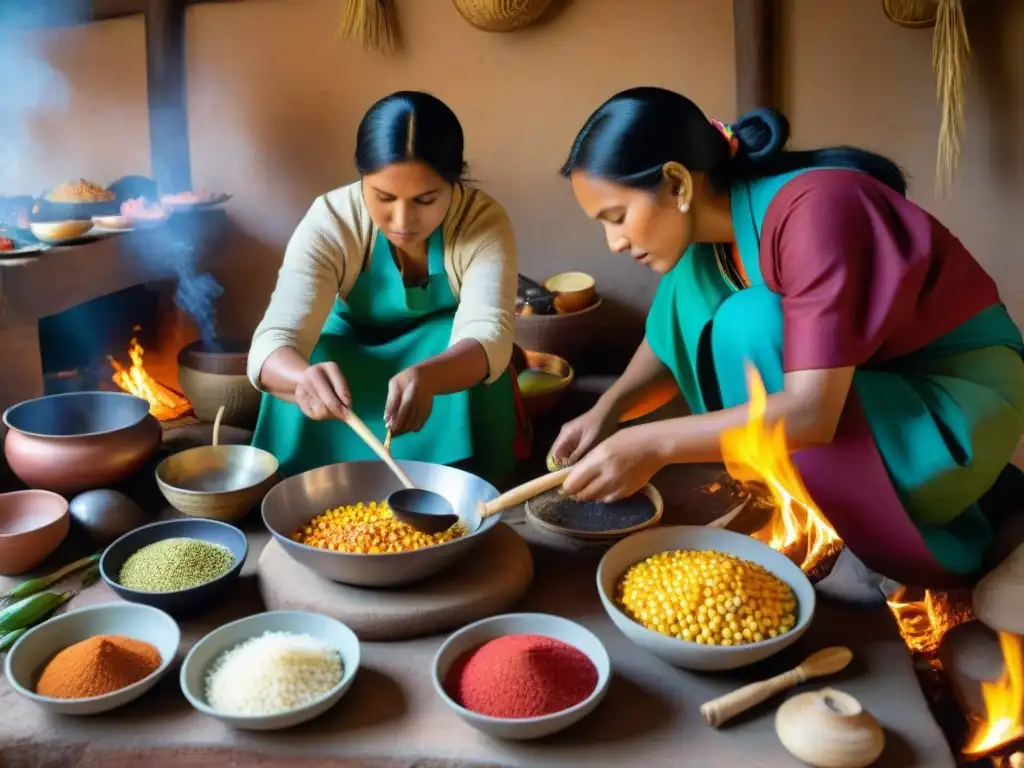 Un bullicioso y colorido retrato de mujeres indígenas cocinando platos ancestrales entre ingredientes tradicionales y utensilios culinarios