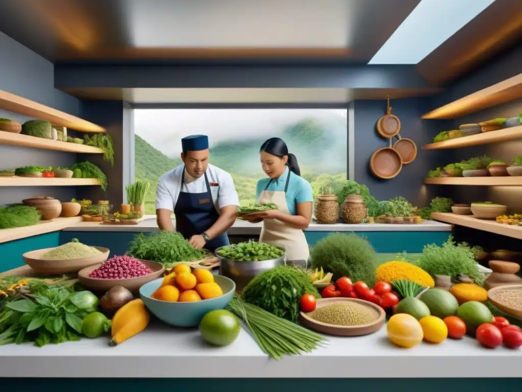 Un bullicioso y detallado escenario de cocina indígena con chefs preparando ingredientes coloridos y exóticos de biodiversidad indígena