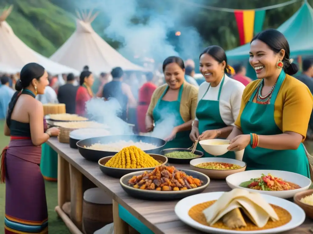 En un bullicioso festival indígena, chefs preparan platos tradicionales mientras mujeres comparten secretos culinarios