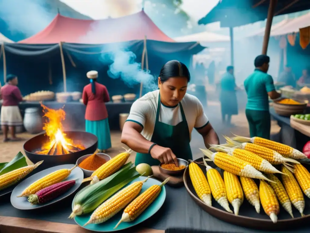 Un bullicioso mercado indígena con ingredientes autóctonos y cocineros tradicionales