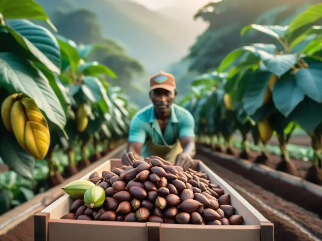 Maravillosa plantación de cacao al amanecer con agricultores en comunidad cosechando cacao