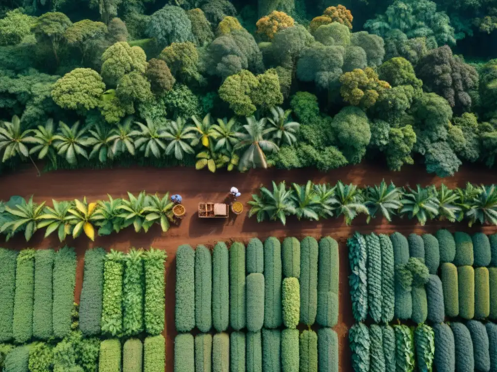 Plantación de cacao exuberante en la selva tropical, con agricultores locales en armonía