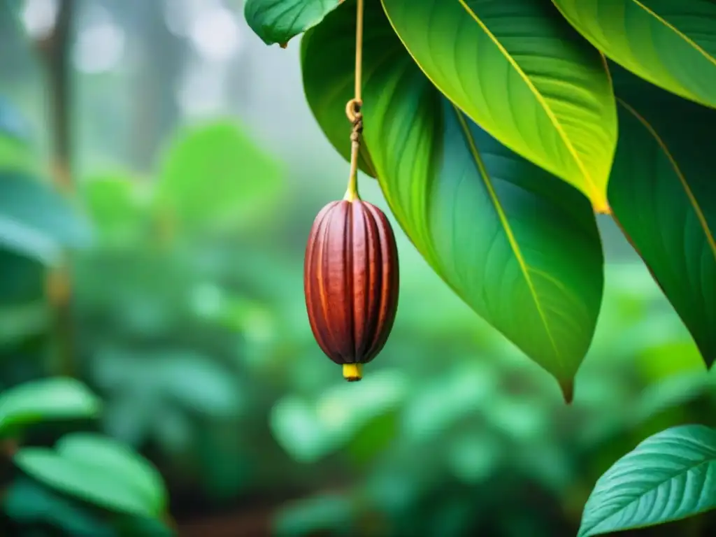 Cacao maduro en árbol en selva tropical exuberante