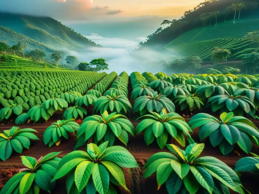 Plantación de cacao vibrante al amanecer, agricultores cosechando meticulosamente