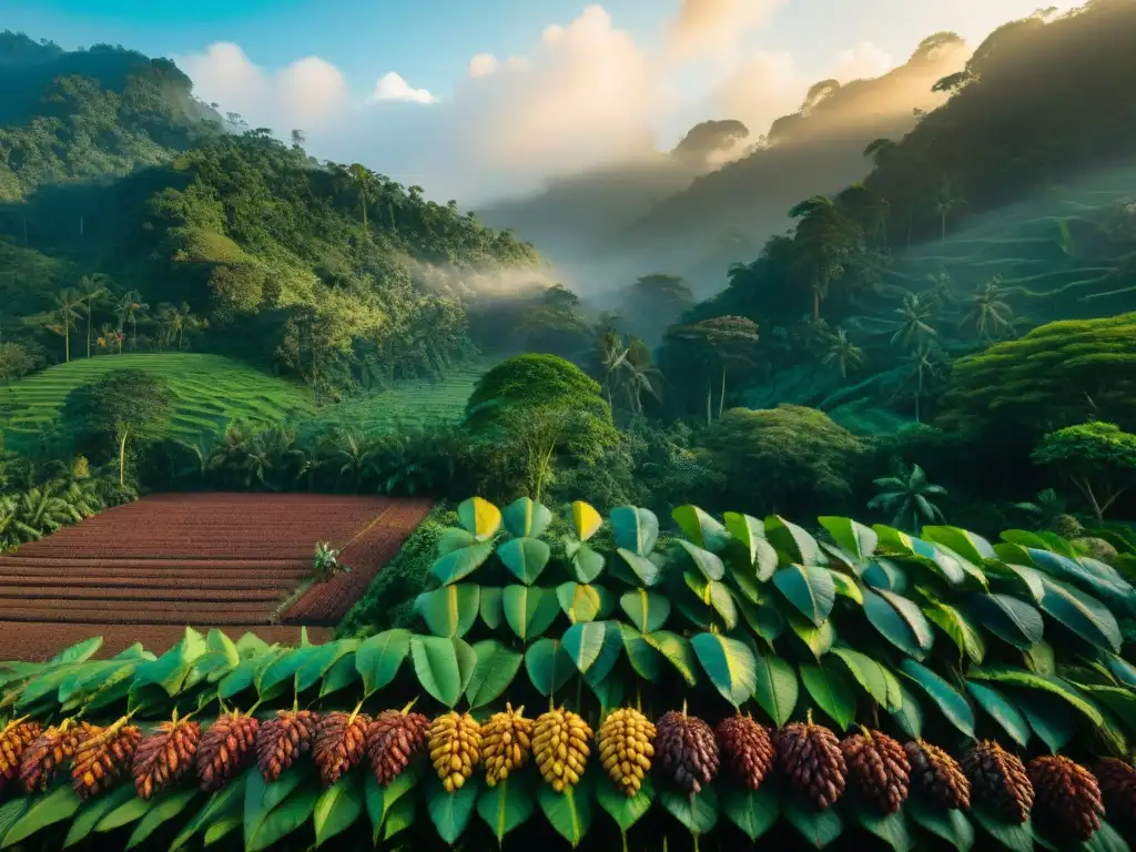 Plantación de cacao vibrante al amanecer con indígenas cosechando con precisión