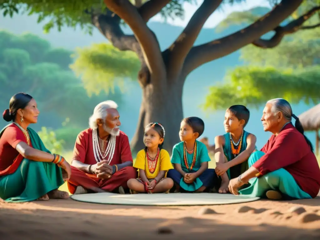 Un cálido intercambio cultural de lenguas indígenas entre niños y ancianos bajo un árbol frondoso