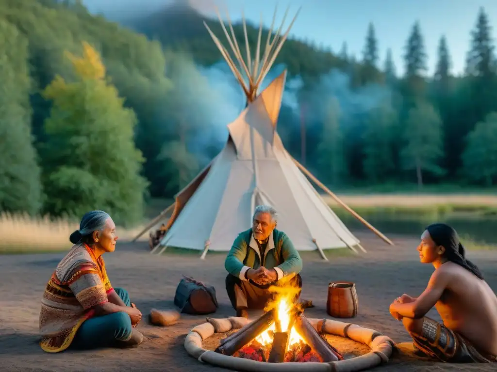 Reunión alrededor del campamento de tribus indígenas canadienses al anochecer, resaltando la preservación cultural