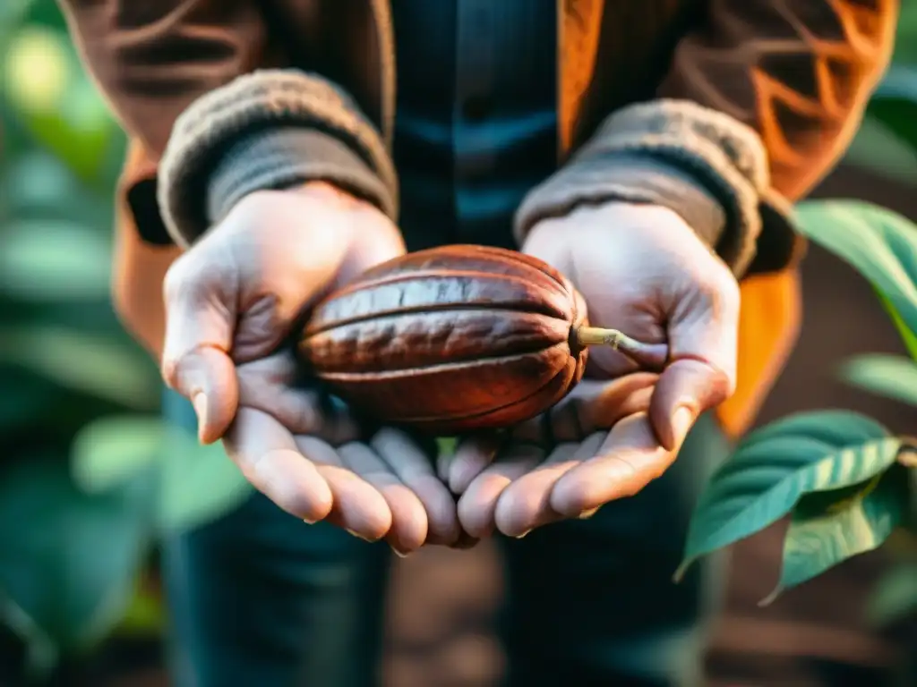 Un campesino sostiene con cuidado una vaina de cacao madura, resaltando la conexión humana en el comercio justo cacao comunidad