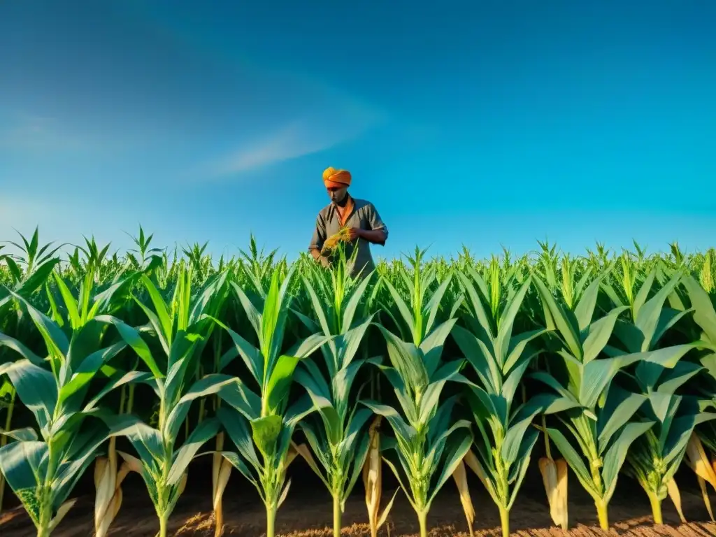 Un campesino indígena cuidando un exuberante maizal bajo un cielo azul