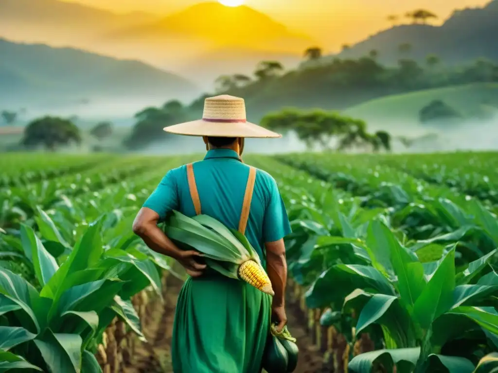 Un campesino mesoamericano cuida su milpa con técnicas agrícolas mesoamericanas innovadoras, rodeado de verde exuberante y luz dorada