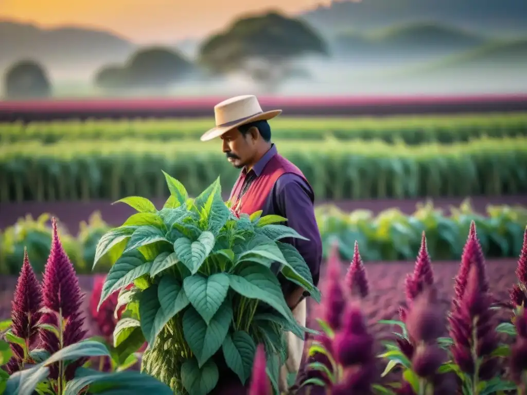 Campo de amaranto al atardecer, resaltando sus beneficios del amaranto en nutrición