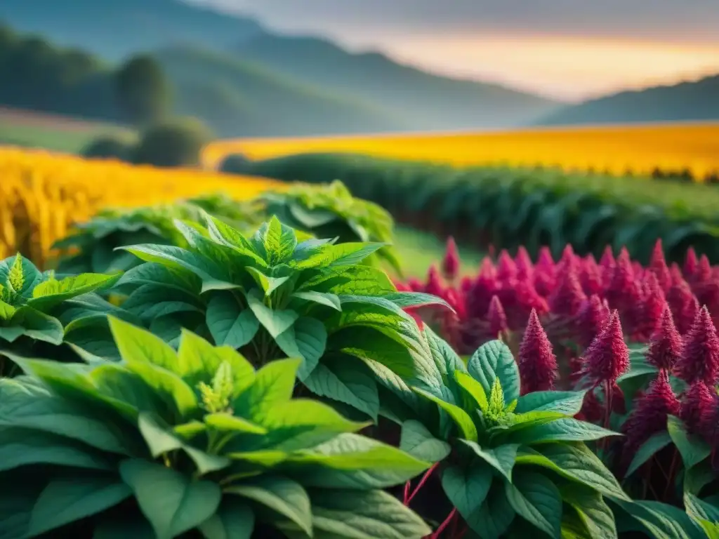 Un campo de amaranto exuberante y vibrante, con hojas detalladas y agricultores cosechando con orgullo