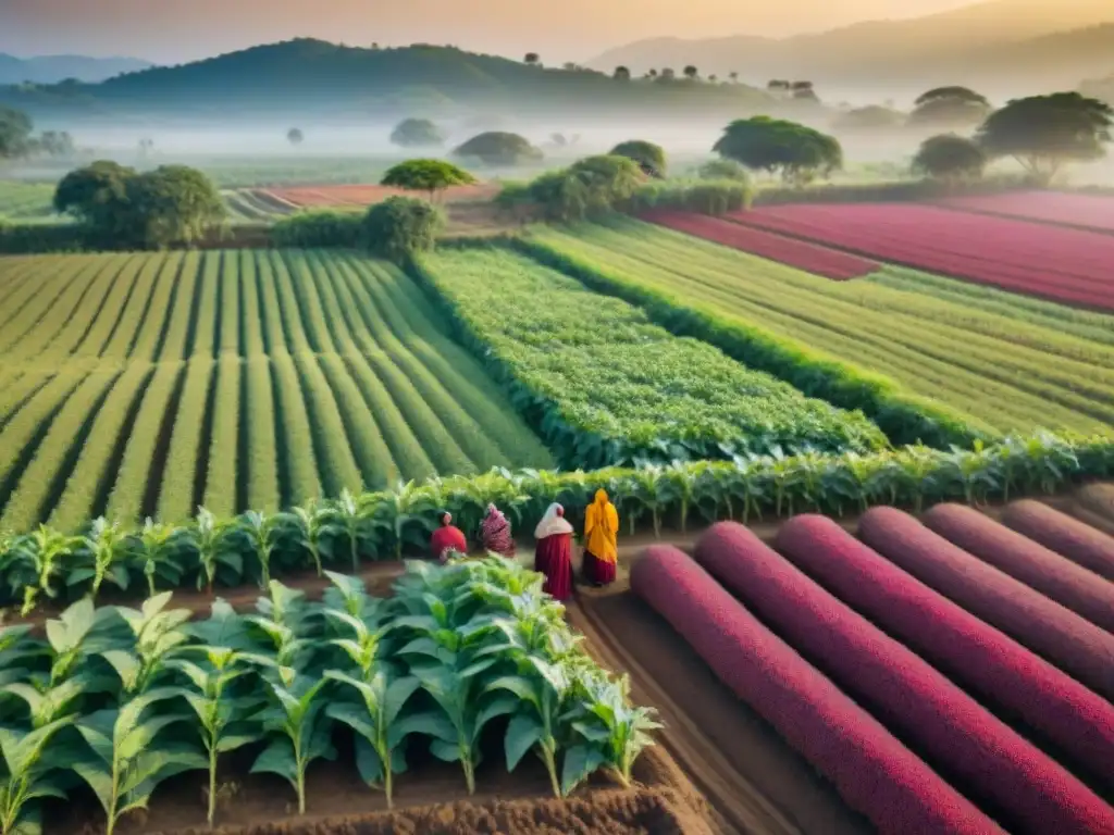 Fotografía de campo de amaranto vibrante con agricultores cosechando, destacando los beneficios del amaranto en cocina