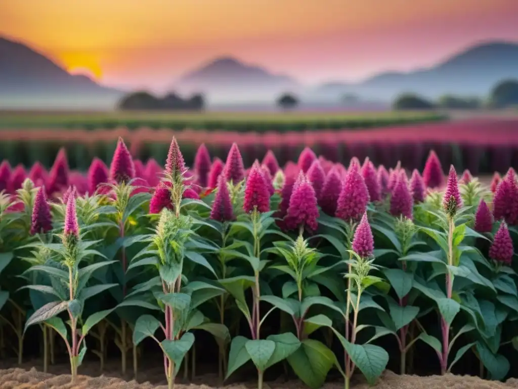 Un campo de amaranto vibrante al atardecer, con tonos magenta, verde y dorado