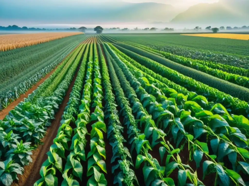 Un campo de cultivo indígena fértil en la mañana, con maíz y frijoles entrelazados, y otros cultivos de fondo