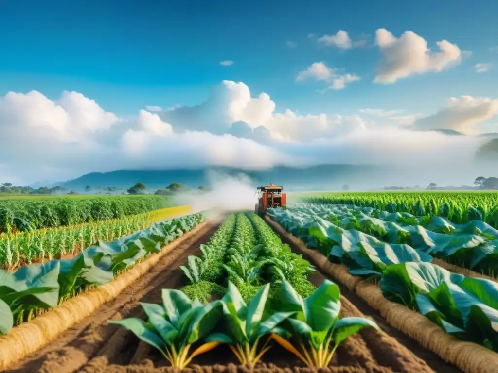 Campo agrícola indígena con cultivos diversos, agricultores tradicionales y cielo azul