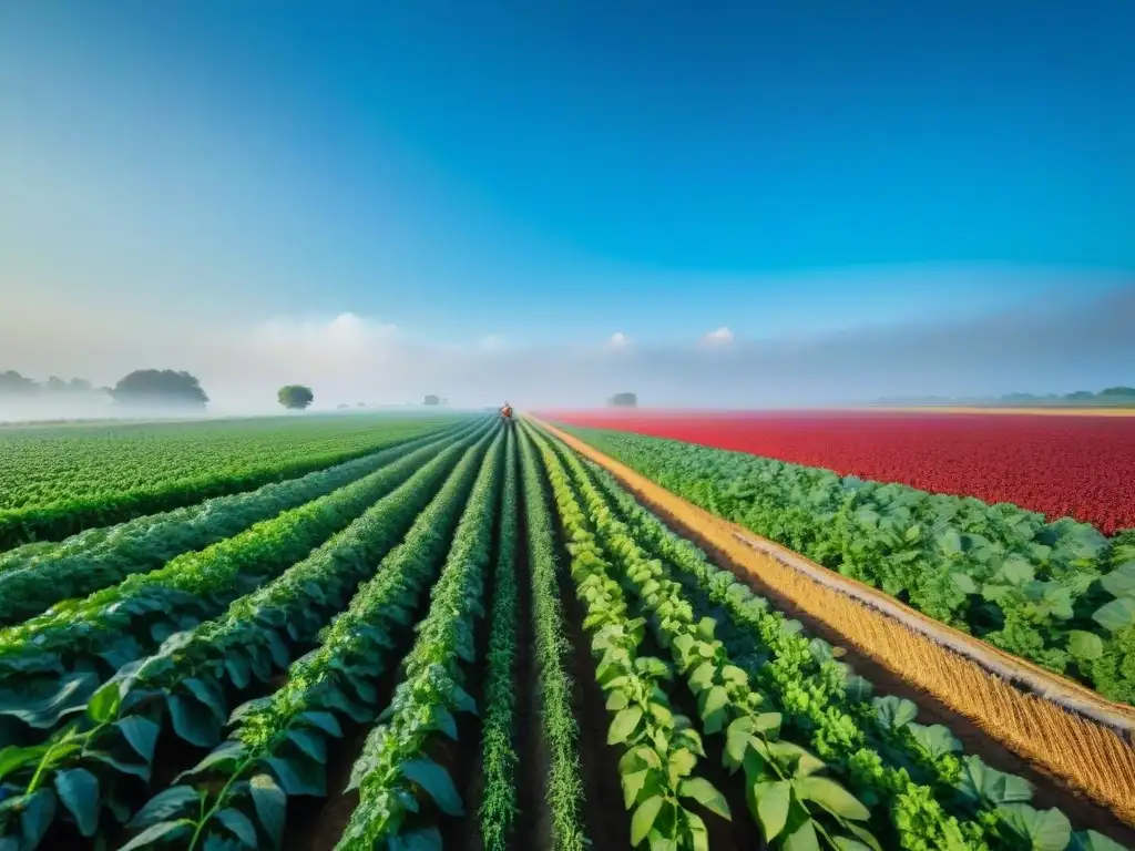 Campo ancestral: colores vibrantes y armonía con la naturaleza Un campo de cultivos ancestrales exuberante y vibrante, con canales de riego tradicionales y un agricultor cuidando las plantas