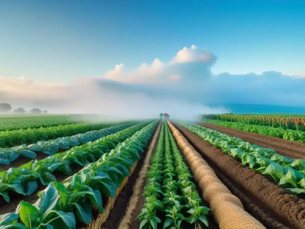 Campo de cultivos diversos y exuberantes con biofertilizantes sostenibles, fusionando sabiduría ancestral y prácticas agrícolas modernas