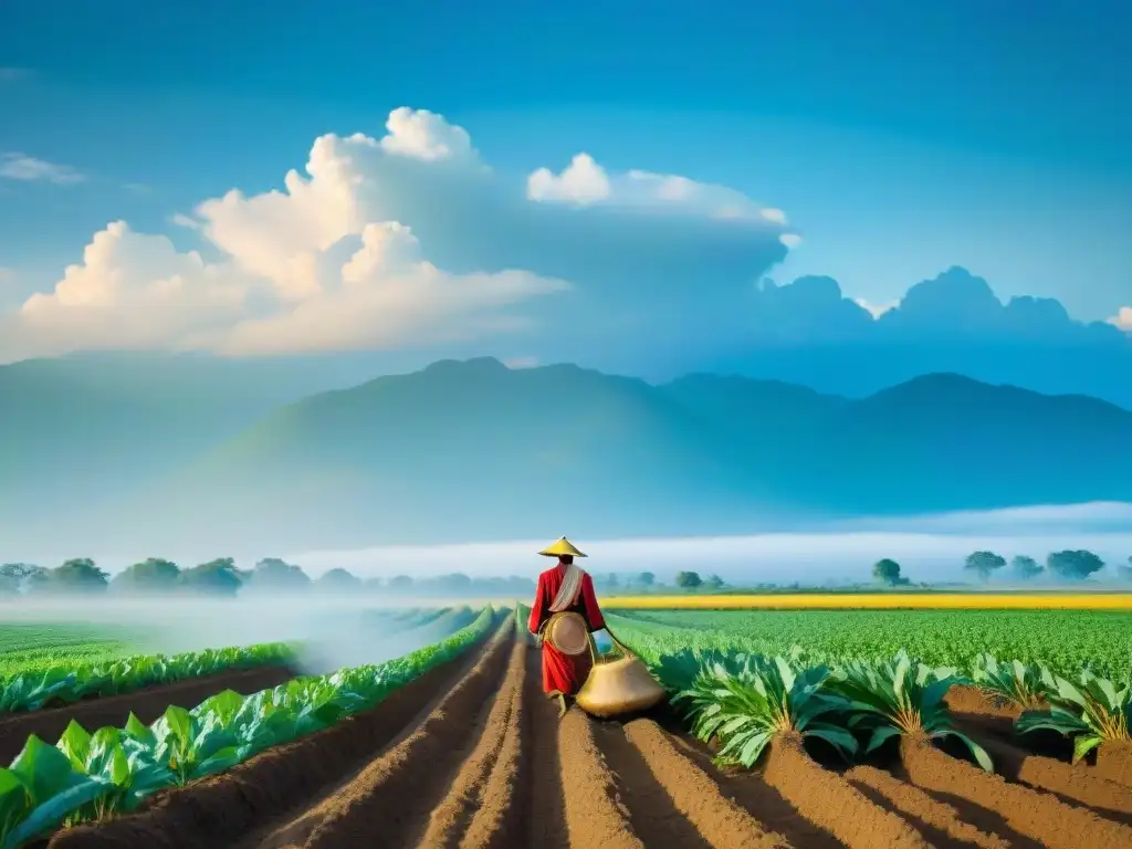 Campo de cultivos indígenas fértil con rotación, agricultor nativo y cielo azul claro