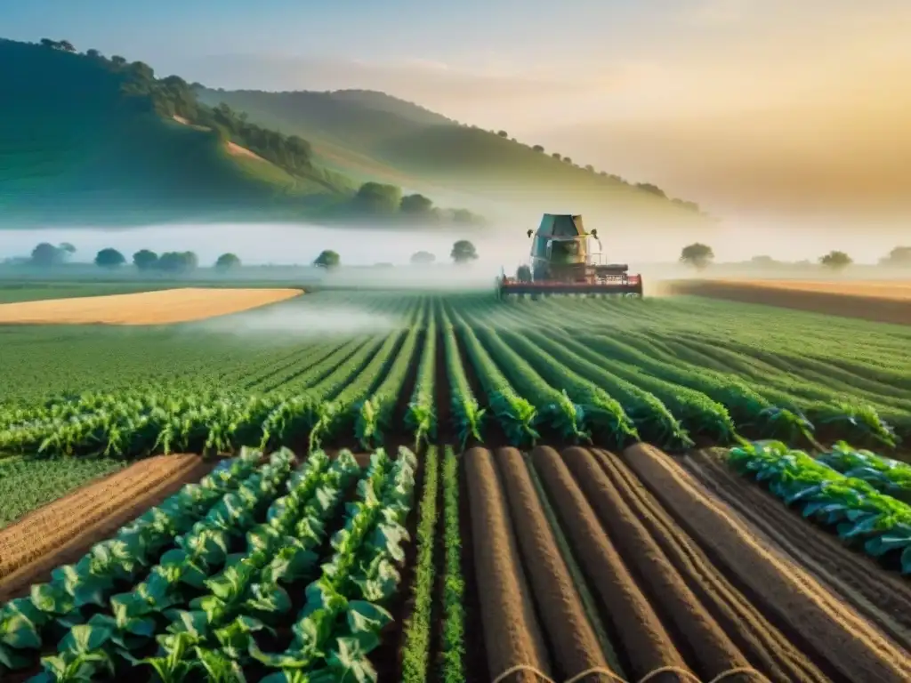 Campo agrícola al amanecer con protección cultivos tradicionales nanotecnología