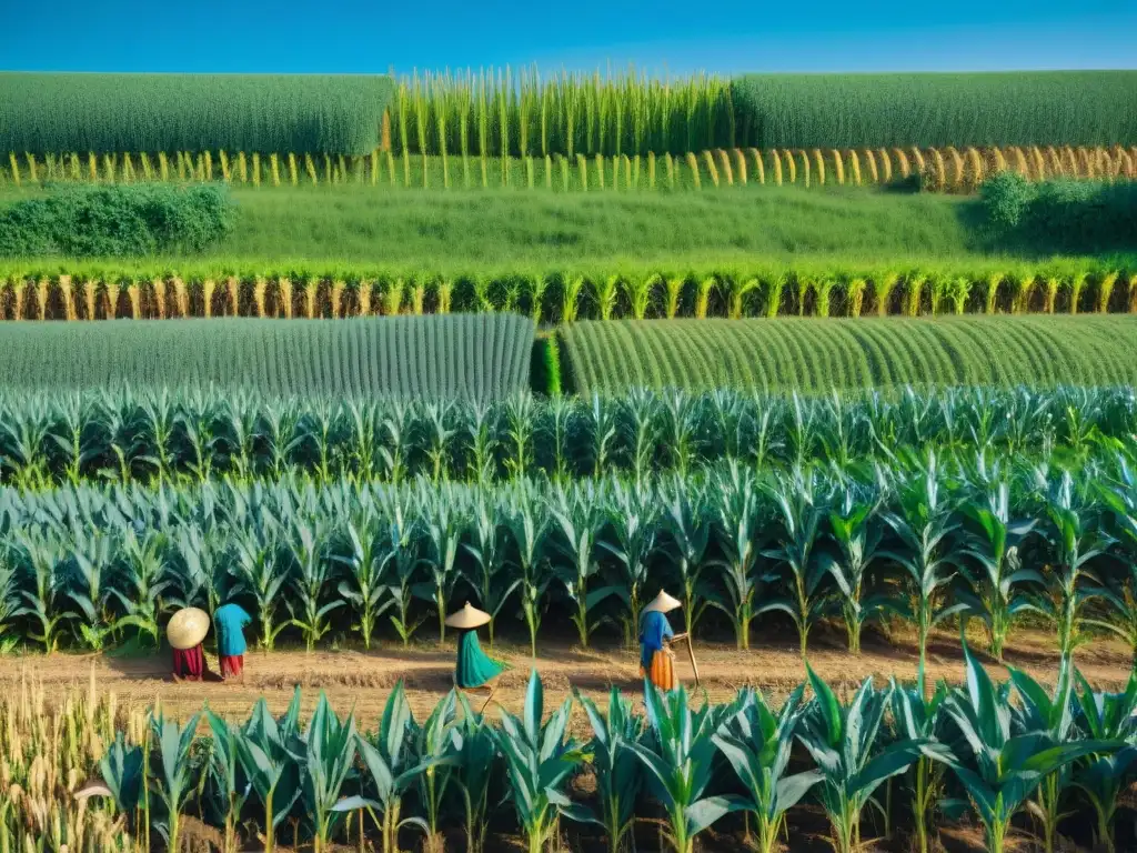 Un campo interminable de maíz azul vibrante, cultivado por agricultores mayas en conexión con el legado nutricional del maíz azul