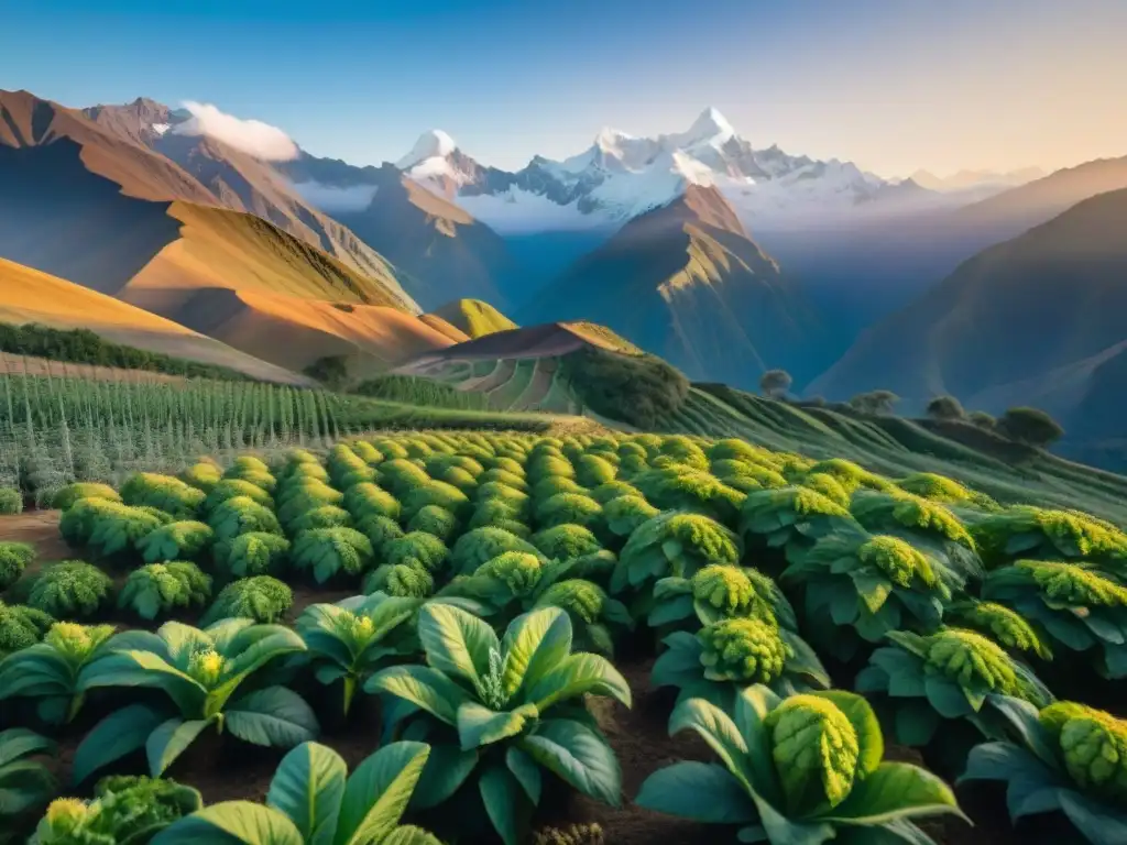 Un campo de maca vibrante en los Andes al amanecer