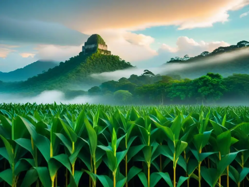 Un campo de maíz maya al amanecer, con plantas altas y saludables que se extienden hacia el horizonte