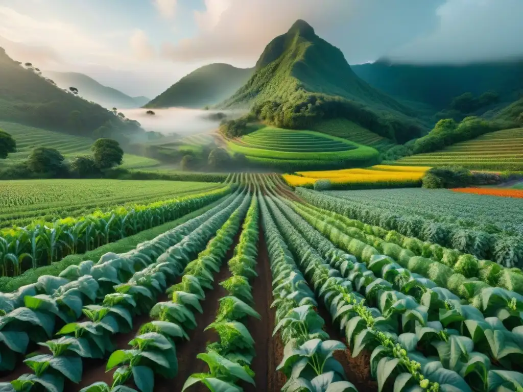 Un campo de policultivos indígenas rebosante de vida y biodiversidad en perfecta armonía