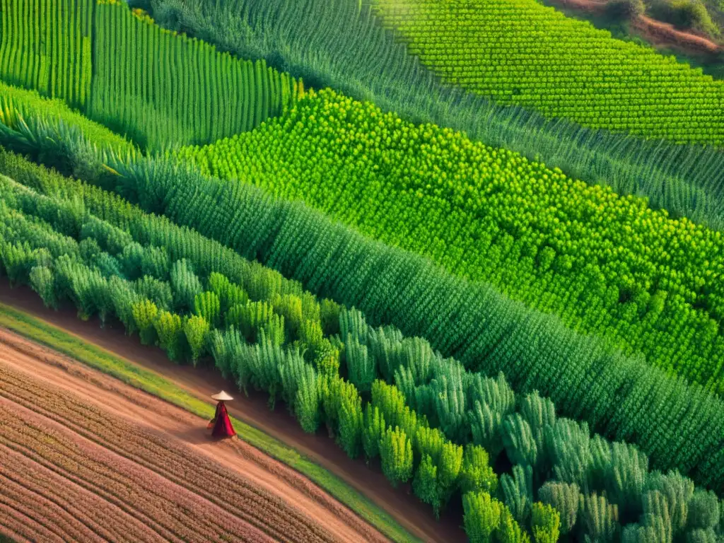 Un campo de quinua en los Andes, con tonos verdes vibrantes y agricultores cosechando a mano