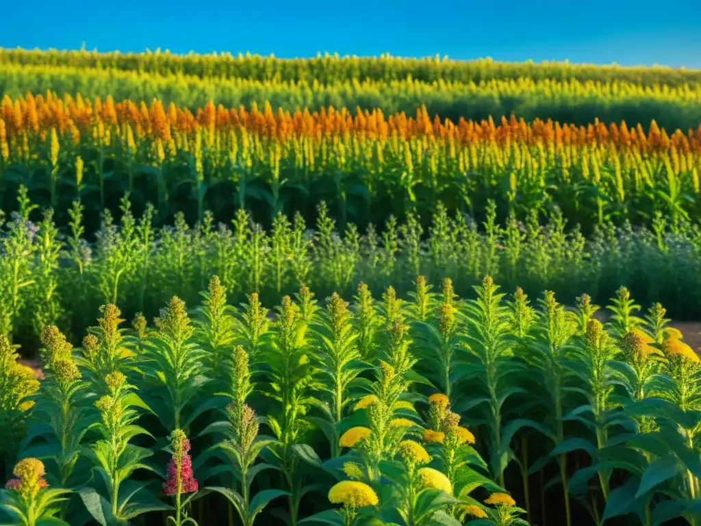 Un campo de quinua vibrante y exuberante bajo cielo azul, con plantas maduras y biodiversidad, reflejando el cultivo ancestral de quinua