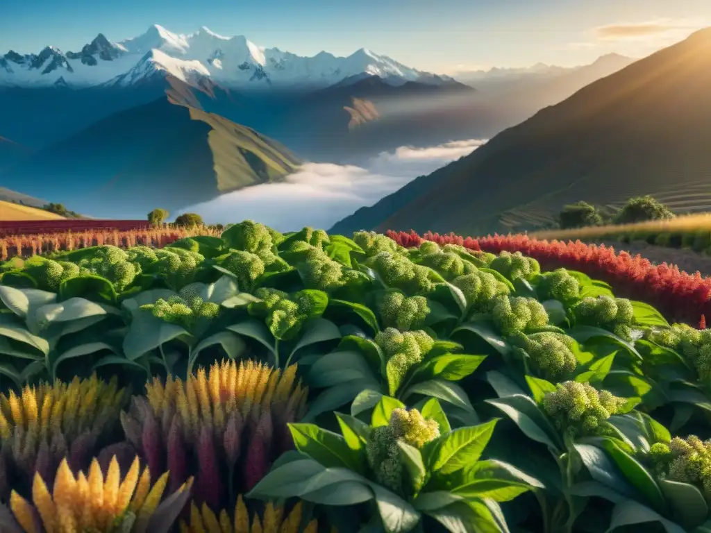 Un campo de quinua vibrante en los Andes, con filas de plantas bajo la luz dorada del sol