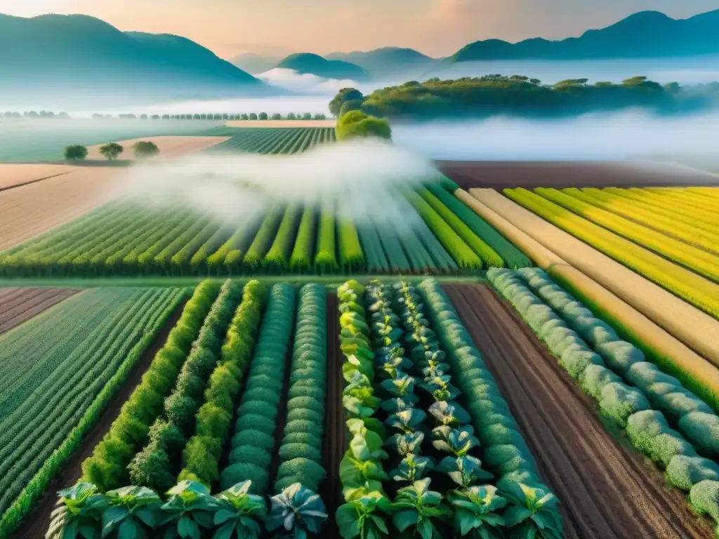 Un campo verde exuberante con cultivos saludables, agricultores diversos mezclando saberes ancestrales y biofertilizantes sostenibles