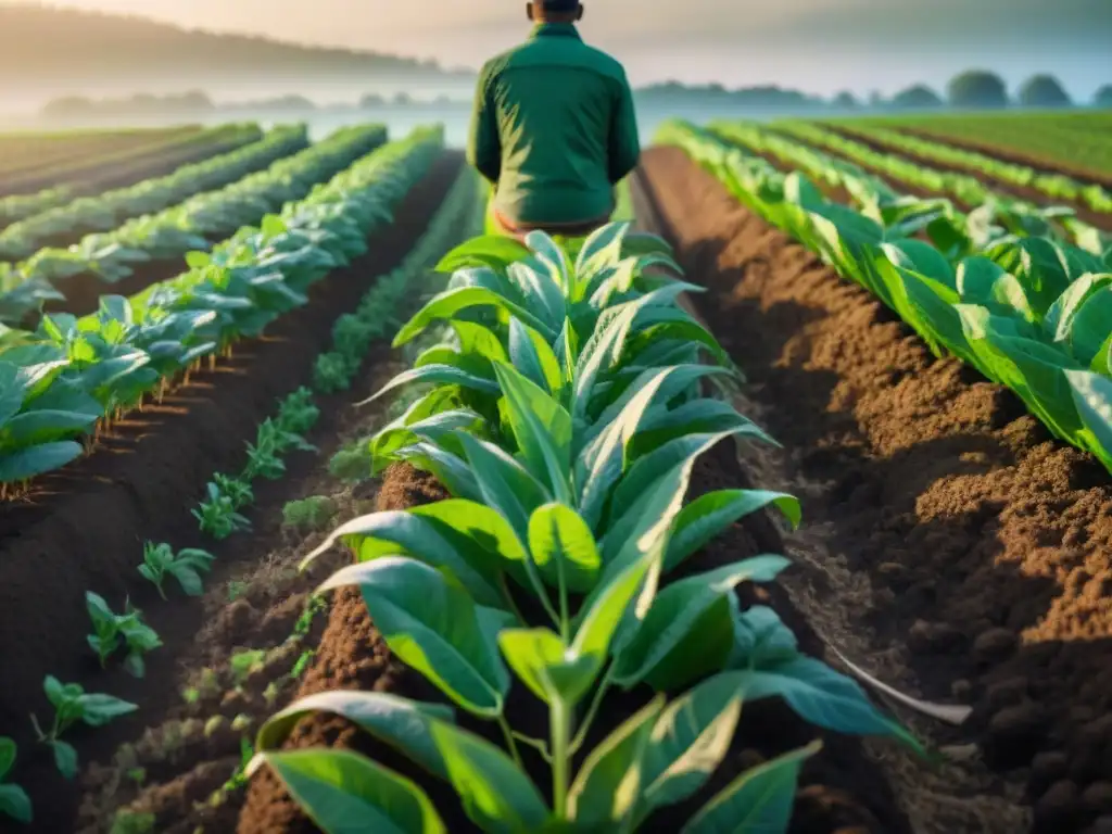 Un campo verde vibrante con cultivos ancestrales y biotecnología recuperando suelos degradados