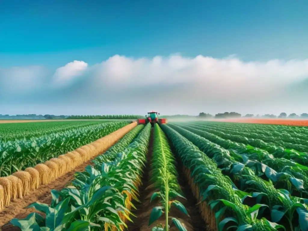 Campo verde vibrante con cultivos tradicionales y nanotecnología protegiéndolos