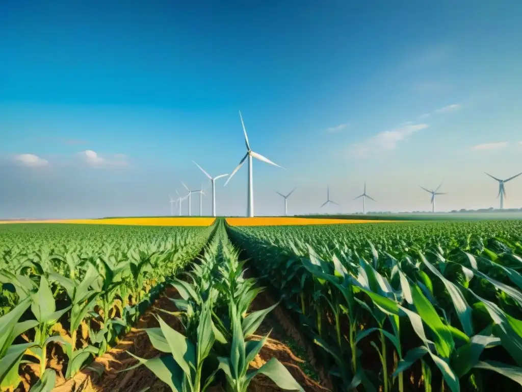 Un campo de maíz verde vibrante se extiende hacia el horizonte, con molinos de viento modernos al fondo