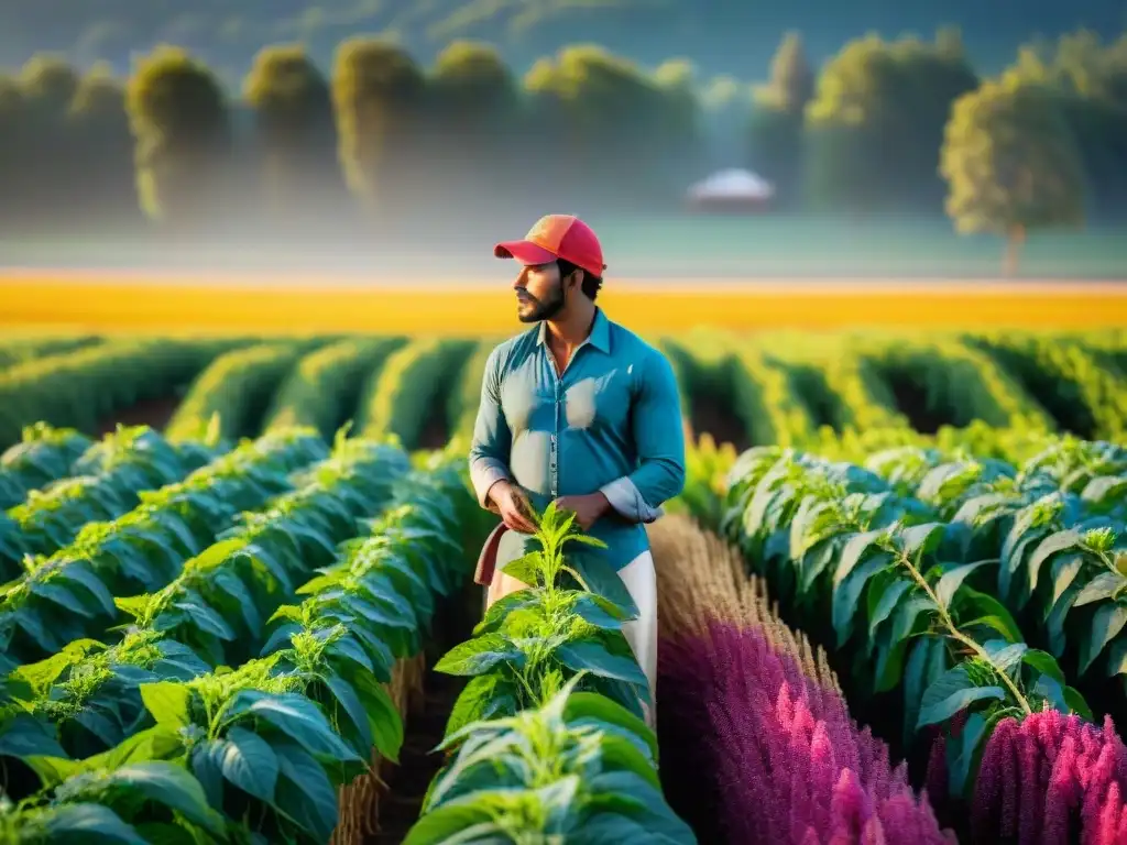 Campo vibrante de amaranto con agricultores en atuendos tradicionales, revitalización del cultivo de amaranto