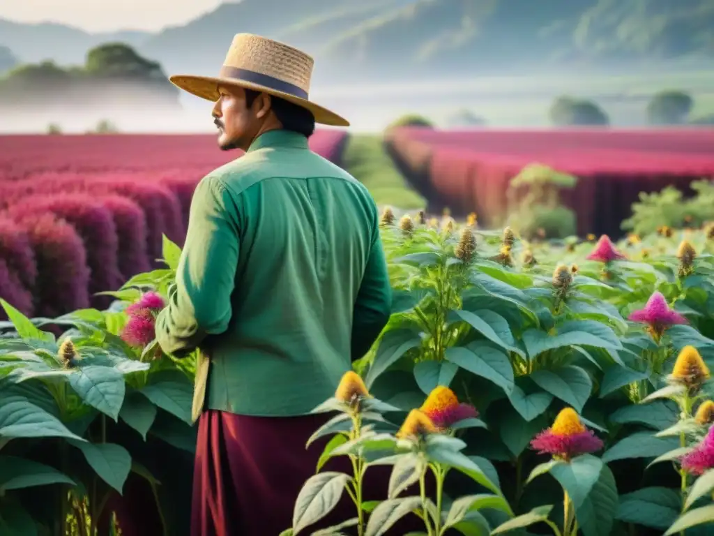 Un campo vibrante de amaranto con gran valor nutricional, donde indígenas cosechan con herramientas ancestrales