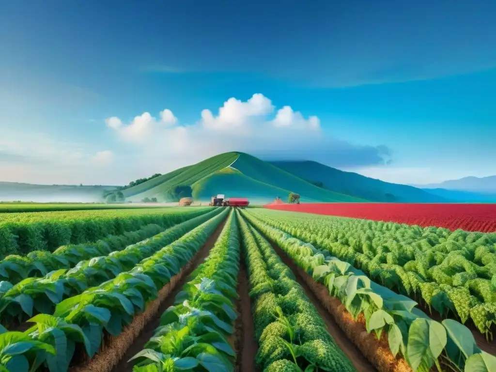 Cultivos ancestrales con tecnología IoT Un campo vibrante de cultivos ancestrales como quinoa y amaranto, integrando tecnología IoT