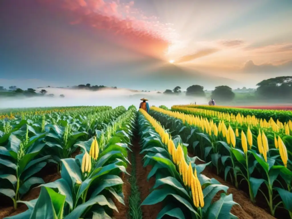 Campo vibrante con cultivos indígenas y agricultores en tradicional atuendo