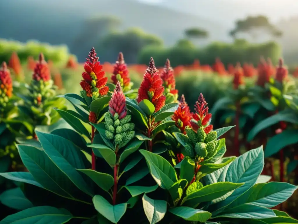 Un campo vibrante de plantas de achiote bajo el sol, con semillas rojas en contraste