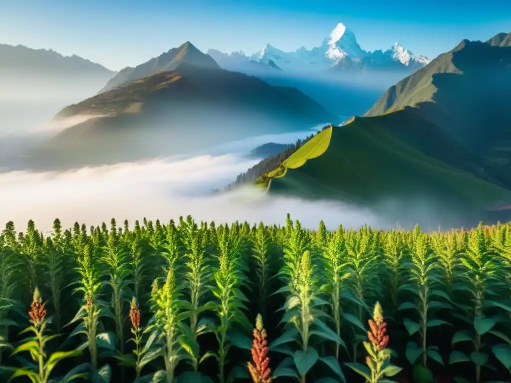 Campo vibrante de plantas de quinua en la naturaleza andina, simbolizando el cultivo ancestral de quinua