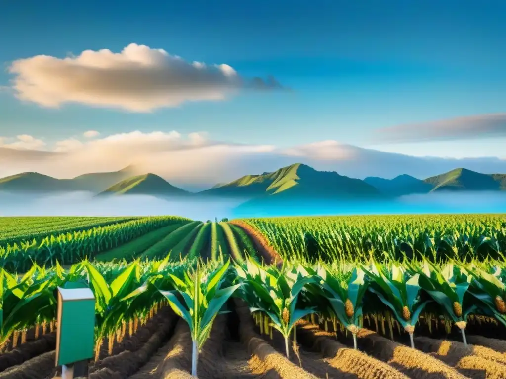 Un campo de maíz vibrante en plena floración, con mazorcas doradas bajo el sol y agricultores indígenas